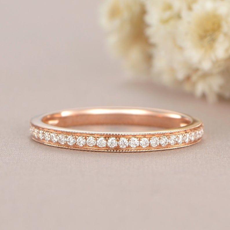 ROSE GOLD WOMAN HALF ETERNITY DIAMOND ART DECO MATCHING BAND MILGRAIN DAINTY WEDDING BAND