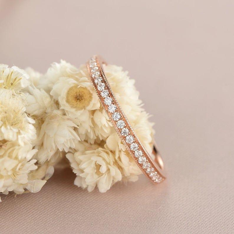 ROSE GOLD WOMAN HALF ETERNITY DIAMOND ART DECO MATCHING BAND MILGRAIN DAINTY WEDDING BAND