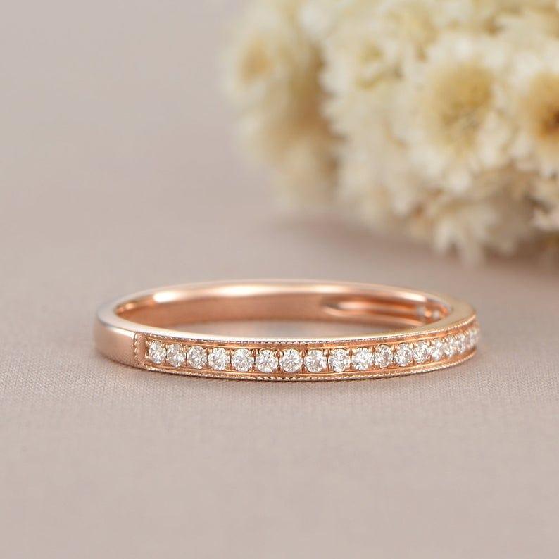 ROSE GOLD WOMAN HALF ETERNITY DIAMOND ART DECO MATCHING BAND MILGRAIN DAINTY WEDDING BAND