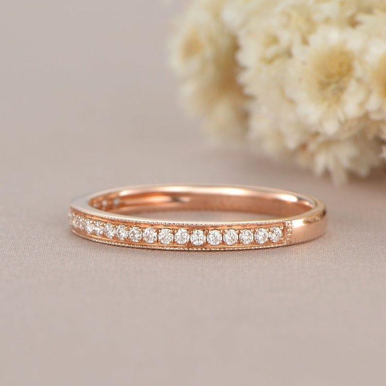 ROSE GOLD WOMAN HALF ETERNITY DIAMOND ART DECO MATCHING BAND MILGRAIN DAINTY WEDDING BAND