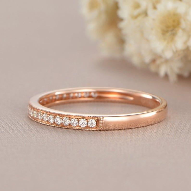 ROSE GOLD WOMAN HALF ETERNITY DIAMOND ART DECO MATCHING BAND MILGRAIN DAINTY WEDDING BAND