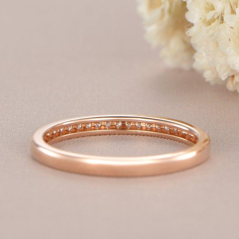 ROSE GOLD WOMAN HALF ETERNITY DIAMOND ART DECO MATCHING BAND MILGRAIN DAINTY WEDDING BAND