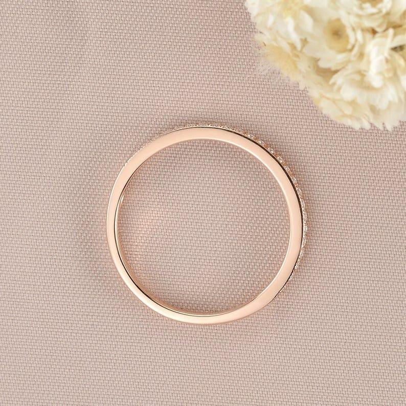 ROSE GOLD WOMAN HALF ETERNITY DIAMOND ART DECO MATCHING BAND MILGRAIN DAINTY WEDDING BAND