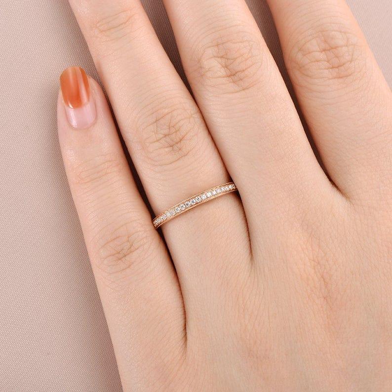 ROSE GOLD WOMAN HALF ETERNITY DIAMOND ART DECO MATCHING BAND MILGRAIN DAINTY WEDDING BAND