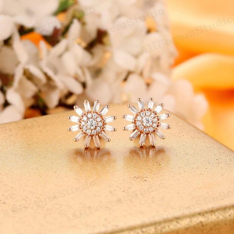 ROUND AND BAGUETTE CUT HALO STYLE MOISSANITE EARRING