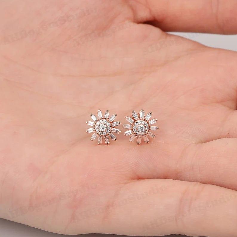 ROUND AND BAGUETTE CUT HALO STYLE MOISSANITE EARRING