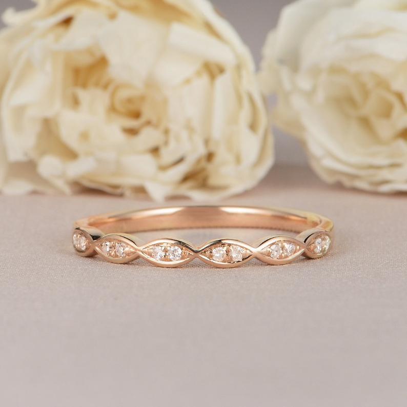 ROUND CUT ROSE GOLD HALF ETERNITY DAINTY TWIST STACKING MINIMALIST MOISSANITE WEDDING BAND