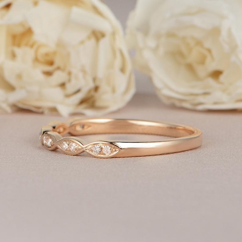 ROUND CUT ROSE GOLD HALF ETERNITY DAINTY TWIST STACKING MINIMALIST MOISSANITE WEDDING BAND