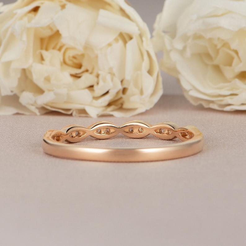 ROUND CUT ROSE GOLD HALF ETERNITY DAINTY TWIST STACKING MINIMALIST MOISSANITE WEDDING BAND