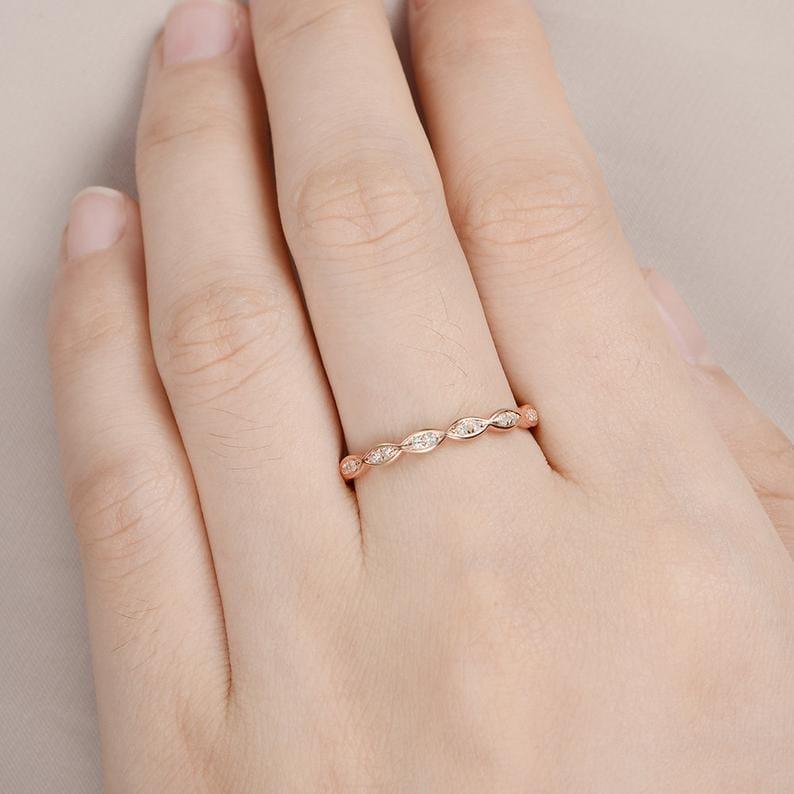 ROUND CUT ROSE GOLD HALF ETERNITY DAINTY TWIST STACKING MINIMALIST MOISSANITE WEDDING BAND