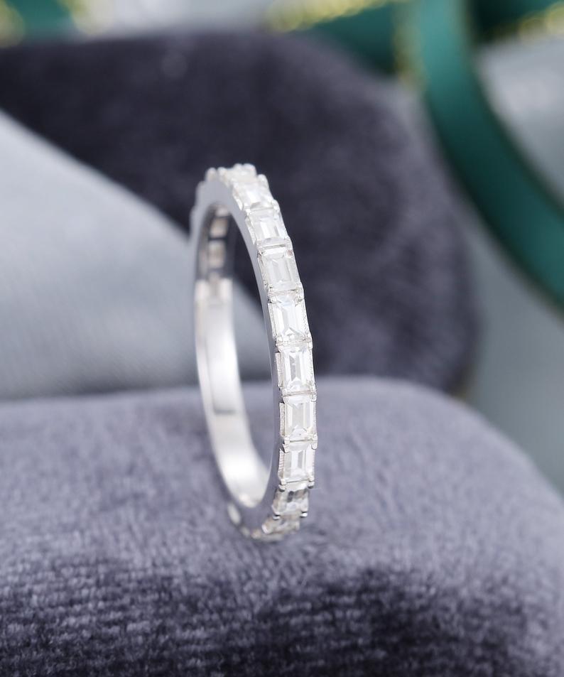 UNIQUE 3/4 ETERNITY VINTAGE BAGUETTE CUT DIAMOND WHITE GOLD WOMEN STACKING MOISSANITE WEDDING BAND