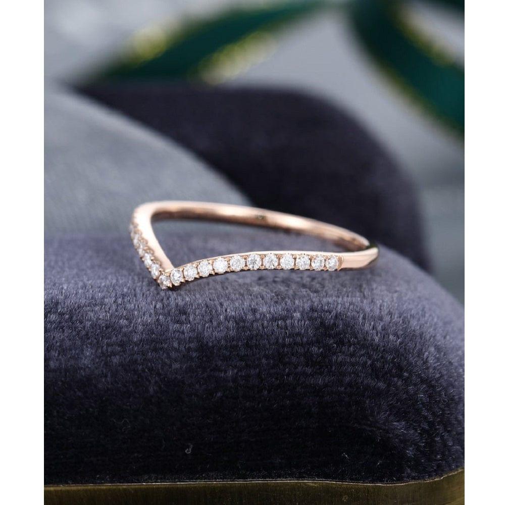 UNIQUE CURVED ROSE GOLD ROUND CUT CHEVRON STACKING BRIDAL MOISSANITE WEDDING BAND