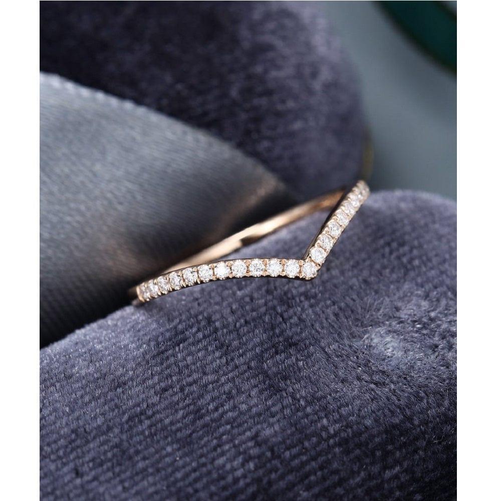 UNIQUE CURVED ROSE GOLD ROUND CUT CHEVRON STACKING BRIDAL MOISSANITE WEDDING BAND