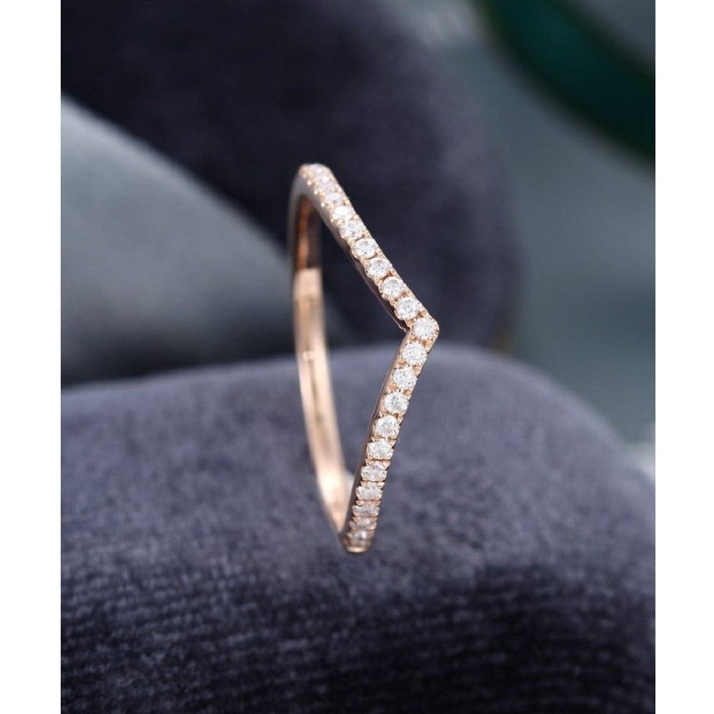 UNIQUE CURVED ROSE GOLD ROUND CUT CHEVRON STACKING BRIDAL MOISSANITE WEDDING BAND