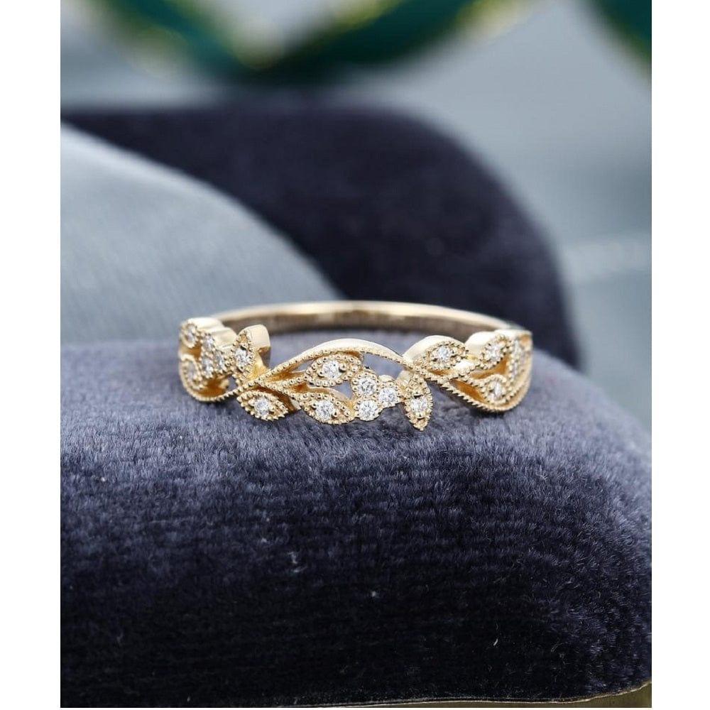 UNIQUE FLORAL VINTAGE YELLOW GOLD MILGRAIN STACKING MOISSANITE WEDDING BAND