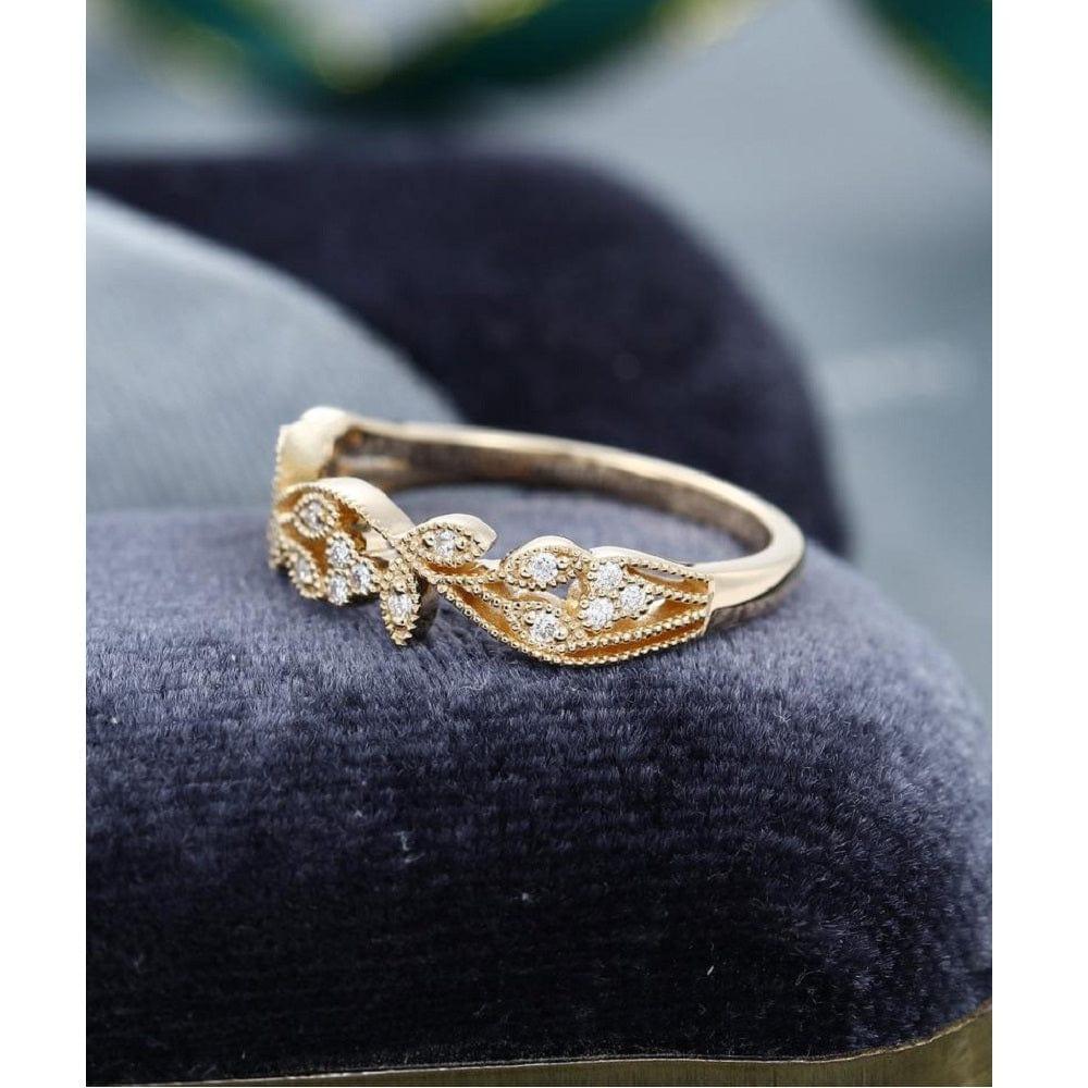 UNIQUE FLORAL VINTAGE YELLOW GOLD MILGRAIN STACKING MOISSANITE WEDDING BAND