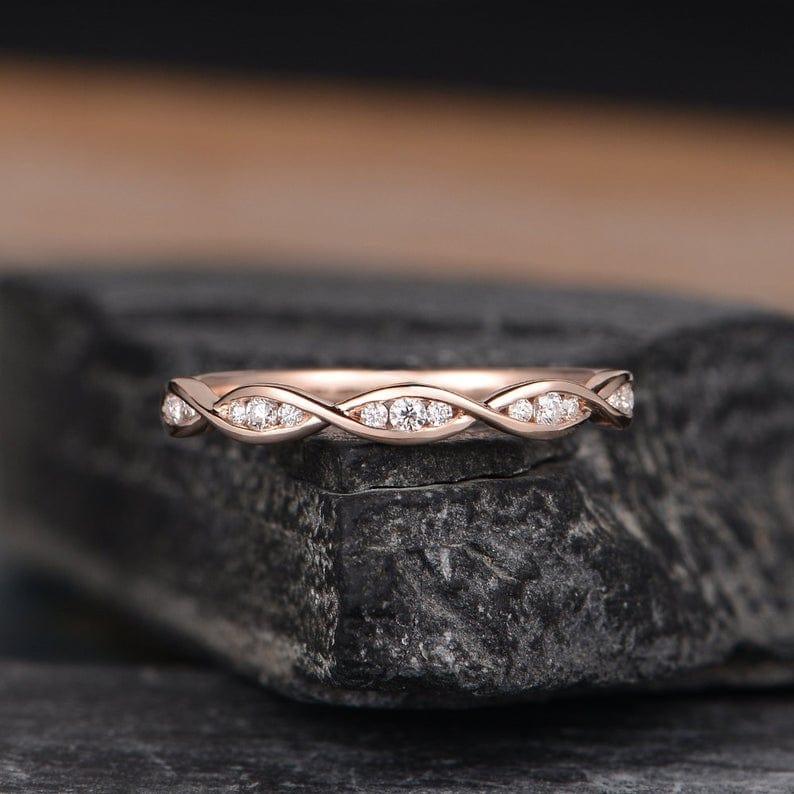 UNIQUE MATCHING MARQUISE SHAPED STACKING ROSE GOLD MOISSANITE DIAMOND WEDDING BAND