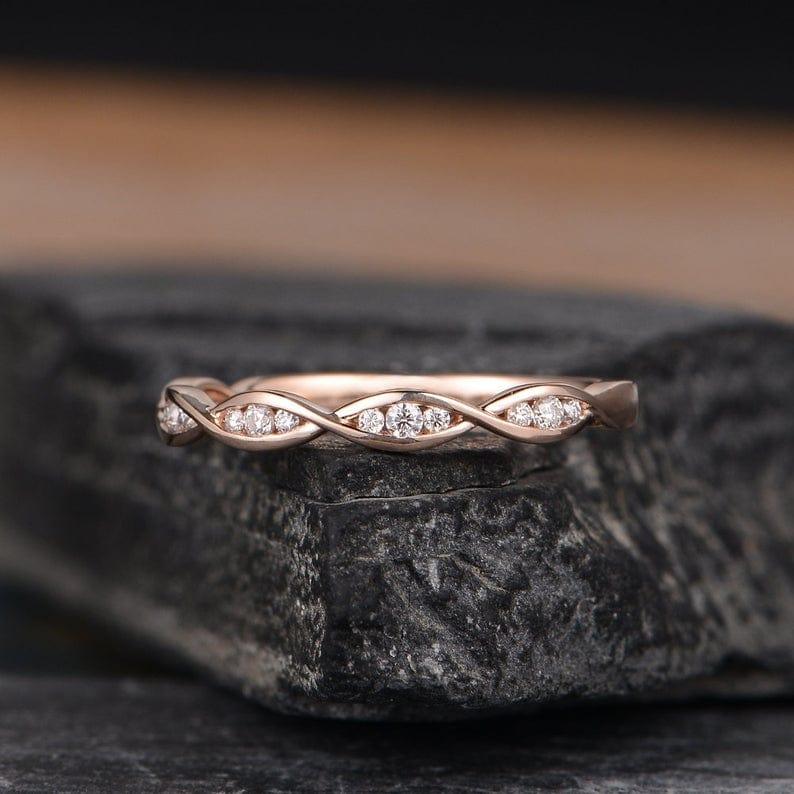 UNIQUE MATCHING MARQUISE SHAPED STACKING ROSE GOLD MOISSANITE DIAMOND WEDDING BAND