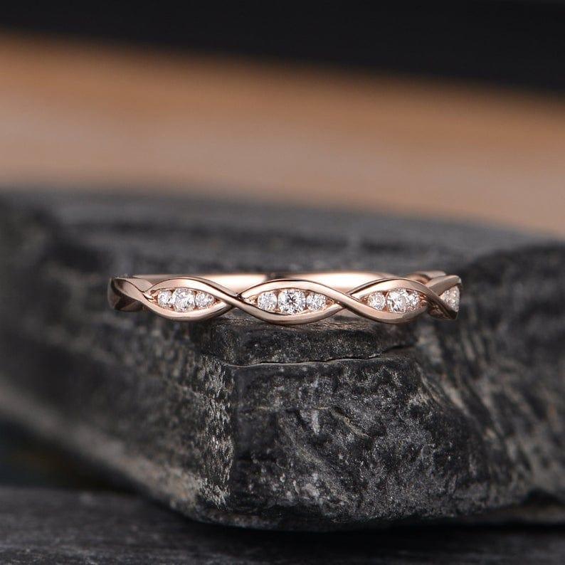 UNIQUE MATCHING MARQUISE SHAPED STACKING ROSE GOLD MOISSANITE DIAMOND WEDDING BAND