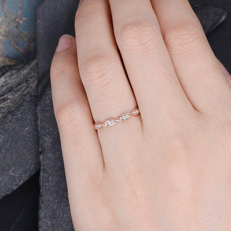 UNIQUE MATCHING MARQUISE SHAPED STACKING ROSE GOLD MOISSANITE DIAMOND WEDDING BAND