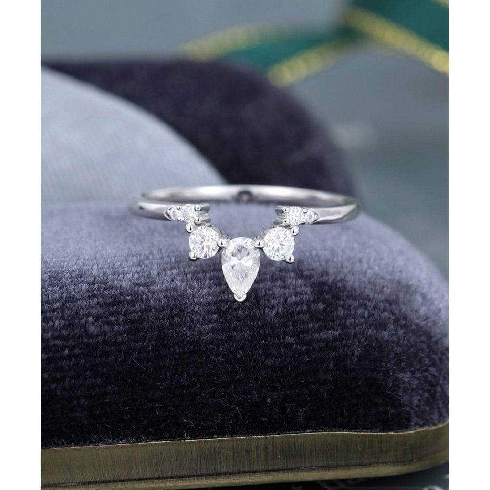 UNIQUE PEAR CUT WHITE GOLD VINTAGE STACKING MATCHING MOISSANITE WEDDING BAND FOR HER