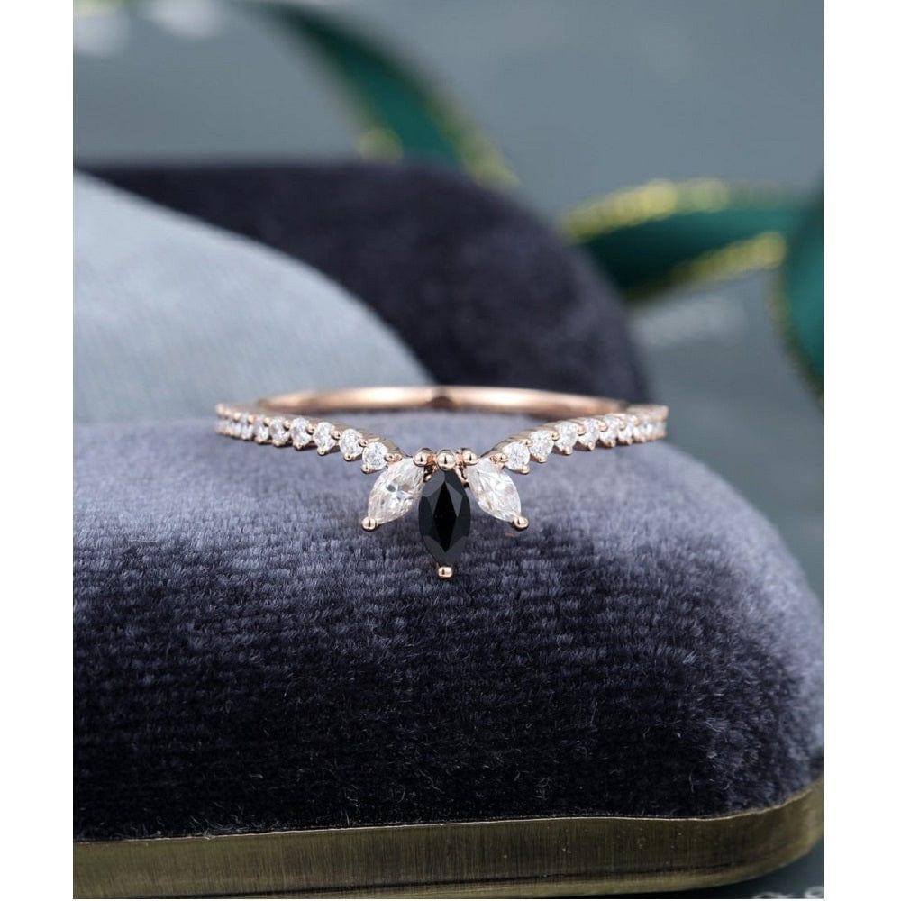 UNIQUE ROSE GOLD BEZEL SET MARQUISE BLACK STACKING MOISSANITE WEDDING BAND WITH MATCHING BAND