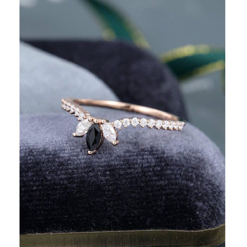 UNIQUE ROSE GOLD BEZEL SET MARQUISE BLACK STACKING MOISSANITE WEDDING BAND WITH MATCHING BAND