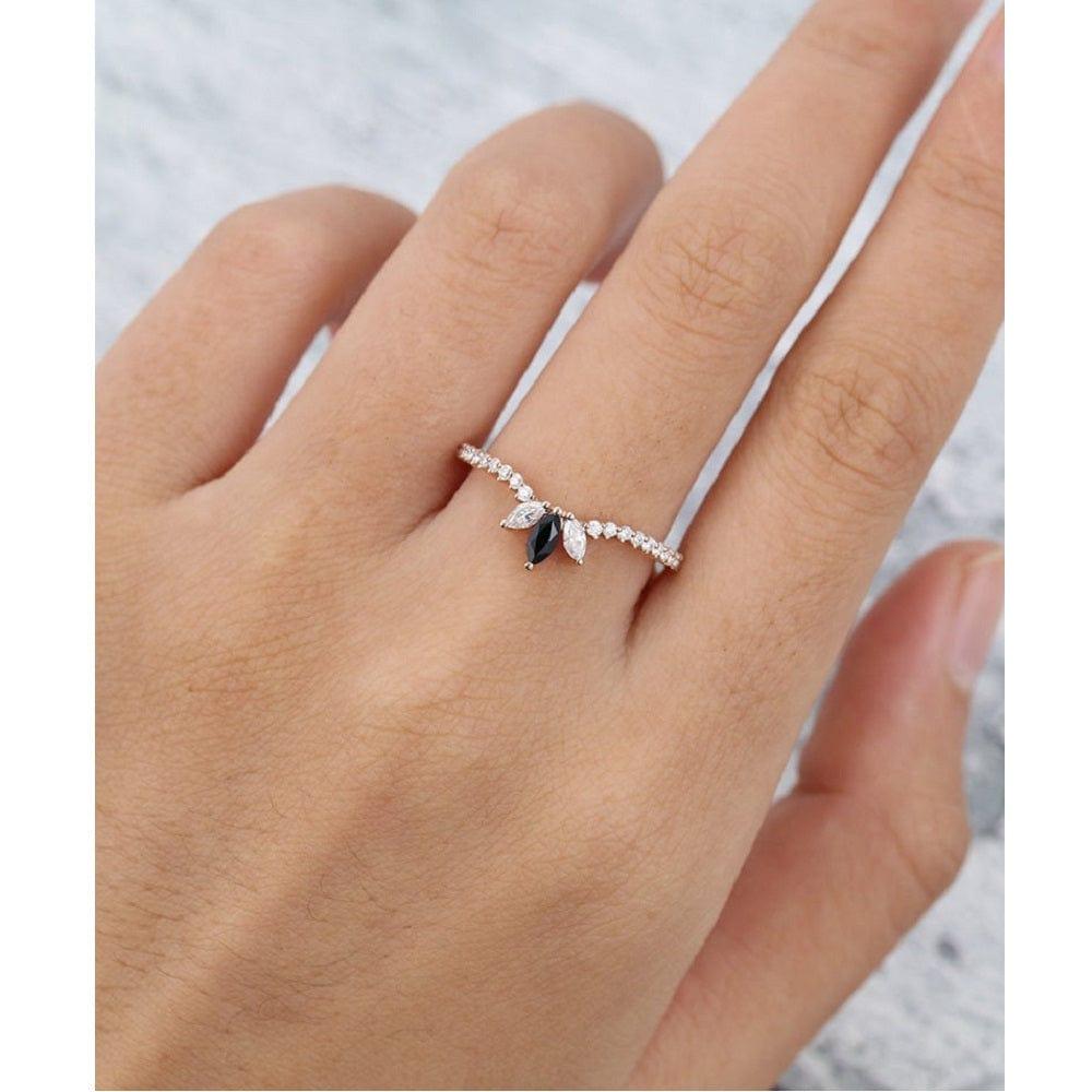 UNIQUE ROSE GOLD BEZEL SET MARQUISE BLACK STACKING MOISSANITE WEDDING BAND WITH MATCHING BAND