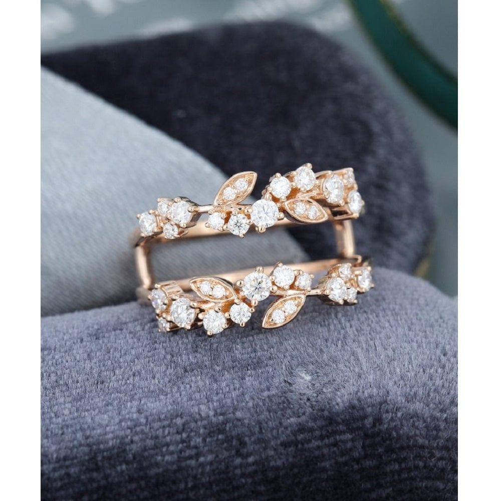 UNIQUE ROSE GOLD VINTAGE DOUBLE FLORAL STACKING MATCHING BRIDAL MOISSANITE WEDDING BAND