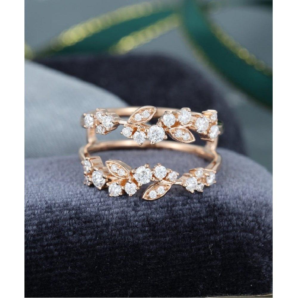 UNIQUE ROSE GOLD VINTAGE DOUBLE FLORAL STACKING MATCHING BRIDAL MOISSANITE WEDDING BAND