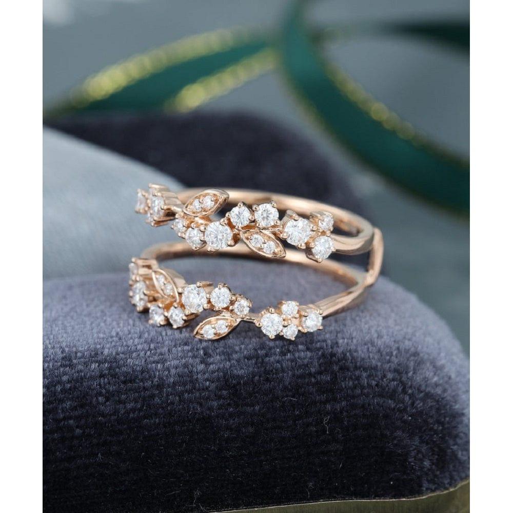 UNIQUE ROSE GOLD VINTAGE DOUBLE FLORAL STACKING MATCHING BRIDAL MOISSANITE WEDDING BAND