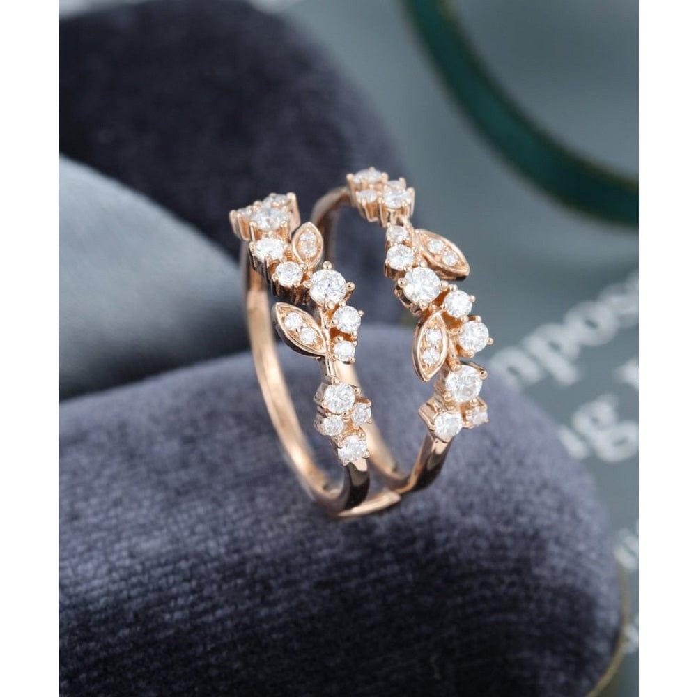 UNIQUE ROSE GOLD VINTAGE DOUBLE FLORAL STACKING MATCHING BRIDAL MOISSANITE WEDDING BAND