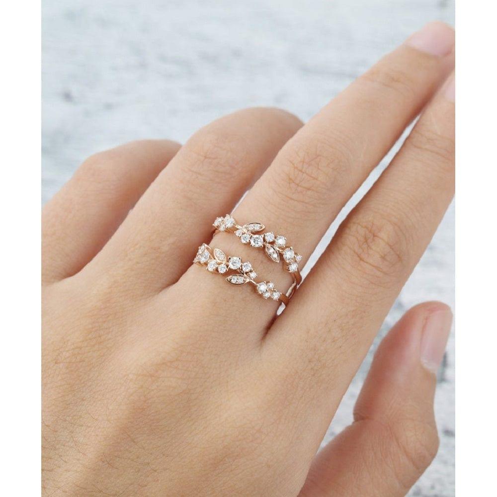 UNIQUE ROSE GOLD VINTAGE DOUBLE FLORAL STACKING MATCHING BRIDAL MOISSANITE WEDDING BAND