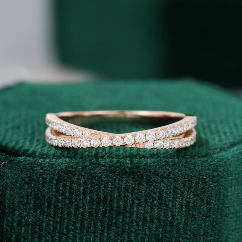 UNIQUE ROSE GOLD WOMEN CROSS VINTAGE BRIDAL HALF ETERNITY STACKING MOISSANITE WEDDING BAND