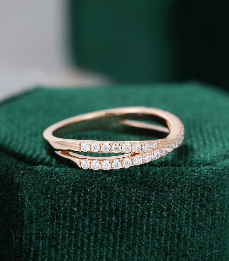 UNIQUE ROSE GOLD WOMEN CROSS VINTAGE BRIDAL HALF ETERNITY STACKING MOISSANITE WEDDING BAND