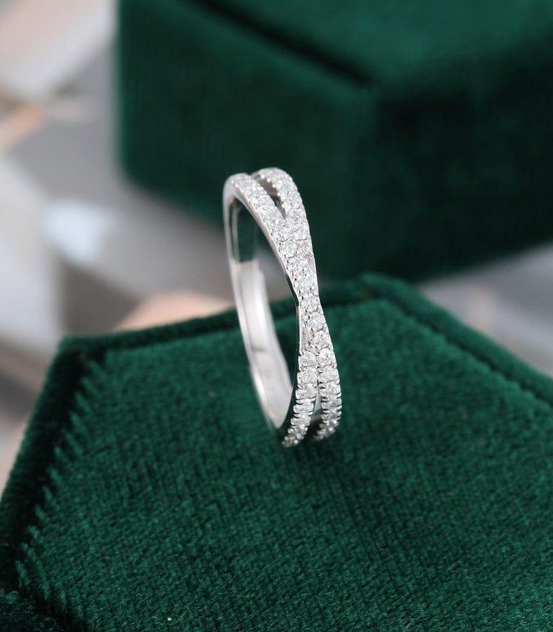 UNIQUE WHITE GOLD CROSS INTERTWINED BRIDAL HALF ETERNITY STACKING MOISSANITE WEDDING BAND