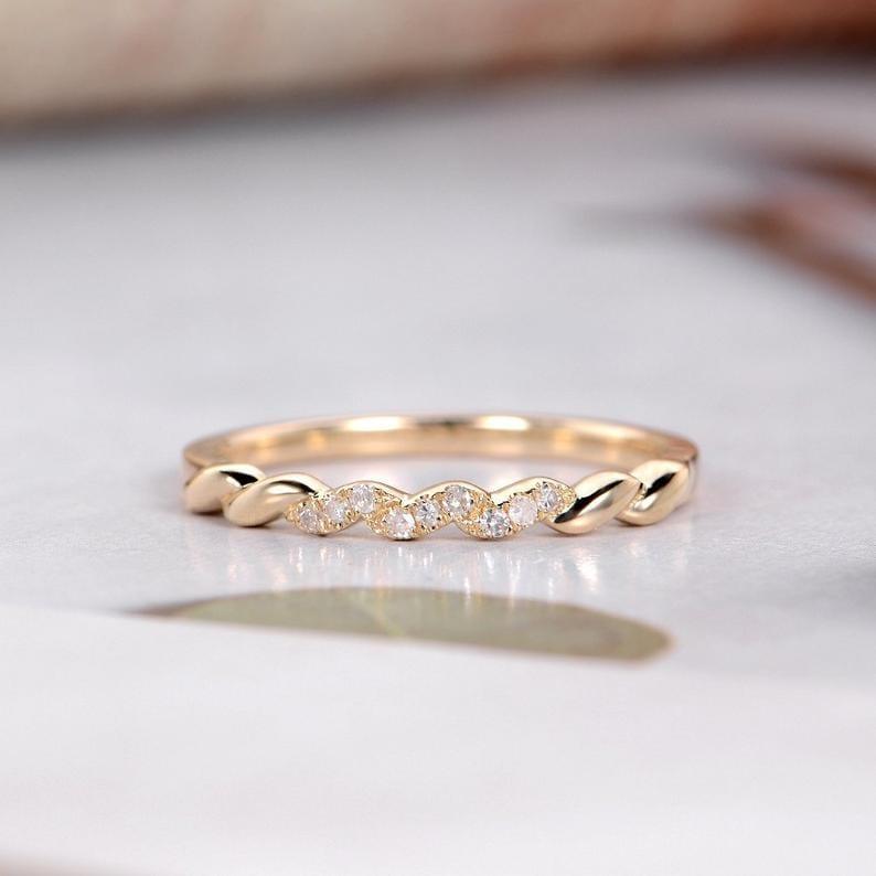 UNIQUE WOMEN DAINTY MINIMALIST YELLOW GOLD STACKING PROMISE WEDDING BAND FOR GIFT