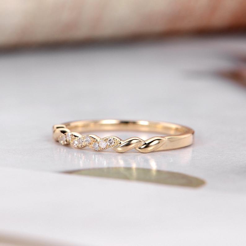 UNIQUE WOMEN DAINTY MINIMALIST YELLOW GOLD STACKING PROMISE WEDDING BAND FOR GIFT