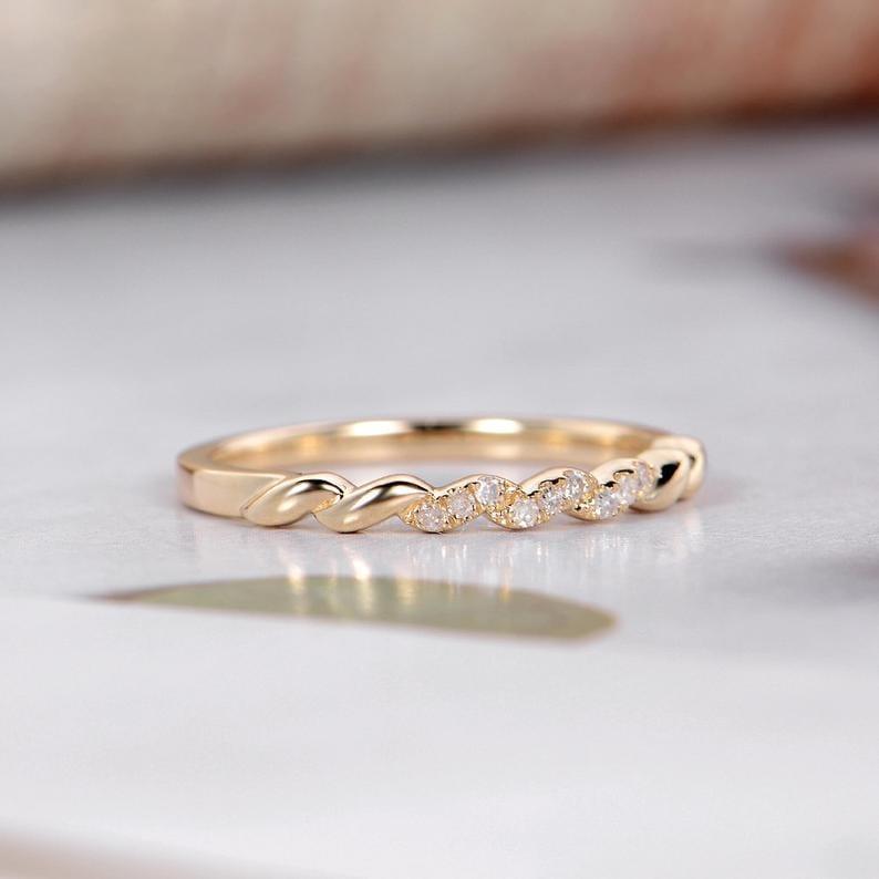 UNIQUE WOMEN DAINTY MINIMALIST YELLOW GOLD STACKING PROMISE WEDDING BAND FOR GIFT