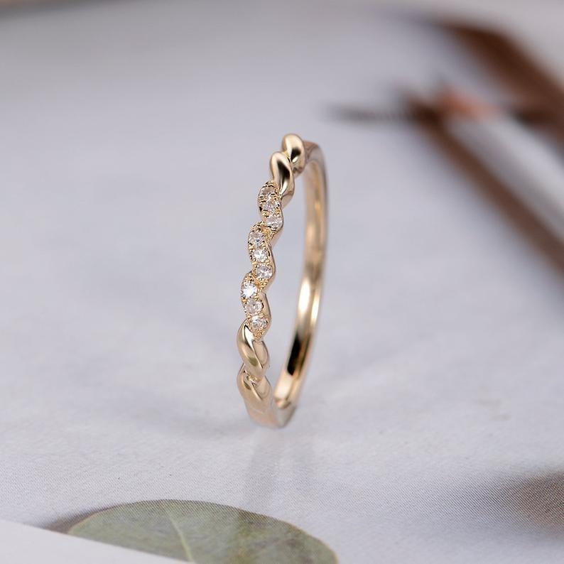 UNIQUE WOMEN DAINTY MINIMALIST YELLOW GOLD STACKING PROMISE WEDDING BAND FOR GIFT