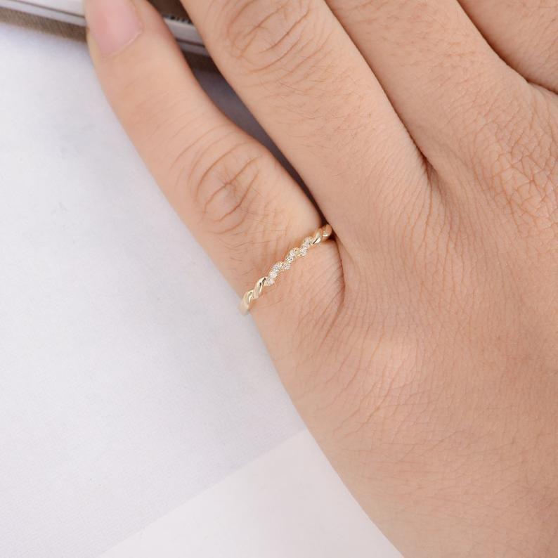 UNIQUE WOMEN DAINTY MINIMALIST YELLOW GOLD STACKING PROMISE WEDDING BAND FOR GIFT