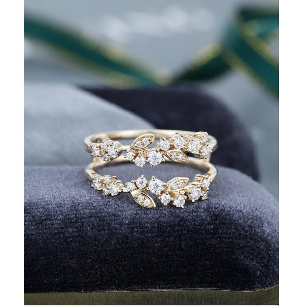 UNIQUE YELLOW GOLD VINTAGE DOUBLE WOMEN FLORAL STACKING MATCHING MOISSANITE WEDDING BAND