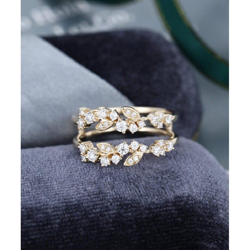 UNIQUE YELLOW GOLD VINTAGE DOUBLE WOMEN FLORAL STACKING MATCHING MOISSANITE WEDDING BAND