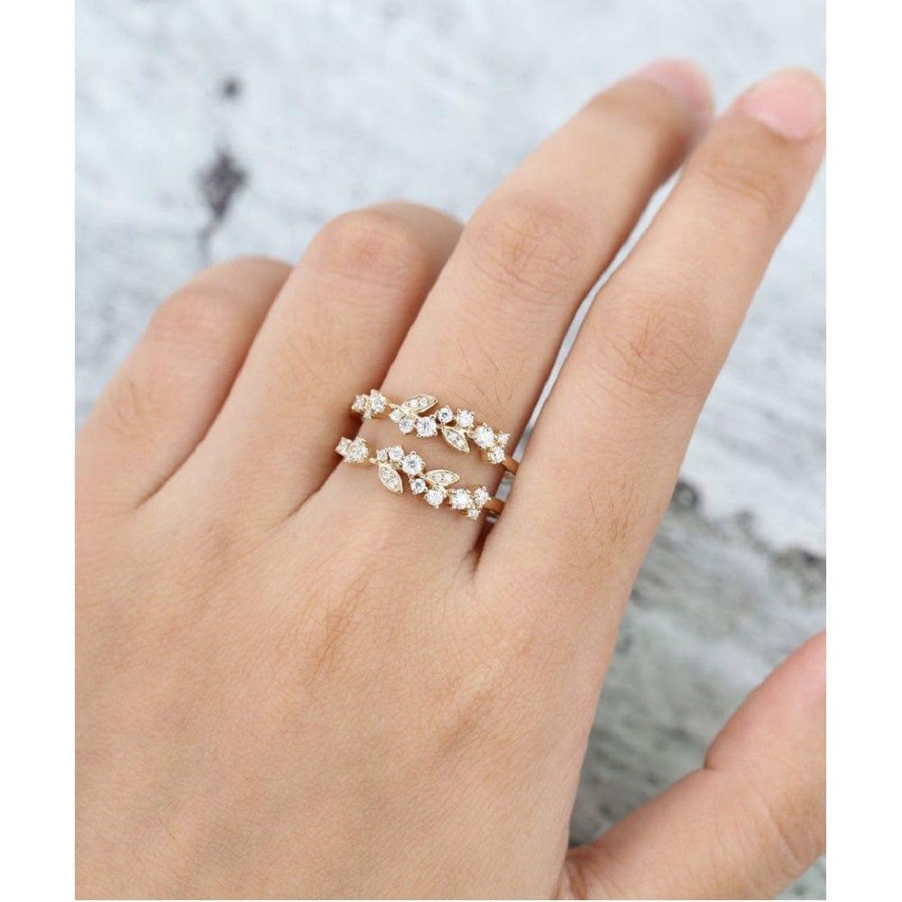 UNIQUE YELLOW GOLD VINTAGE DOUBLE WOMEN FLORAL STACKING MATCHING MOISSANITE WEDDING BAND