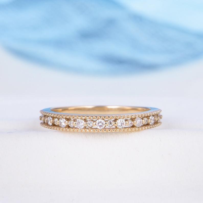 VINTAGE ART DECO UNIQUE YELLOW GOLD MILGRAIN HALF ETERNITY MOISSANITE WEDDING BAND