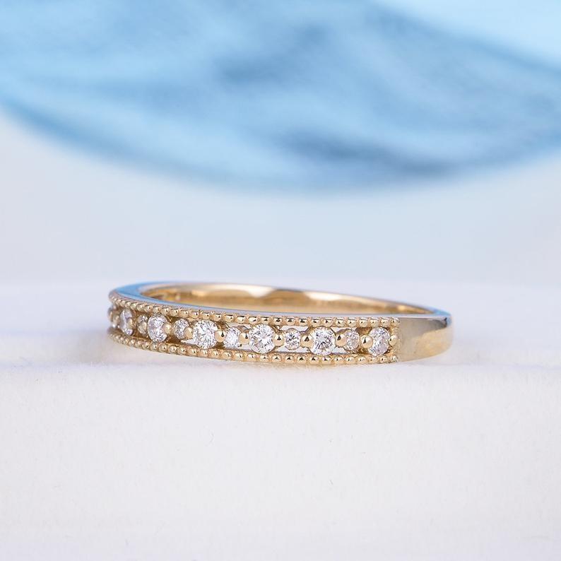 VINTAGE ART DECO UNIQUE YELLOW GOLD MILGRAIN HALF ETERNITY MOISSANITE WEDDING BAND