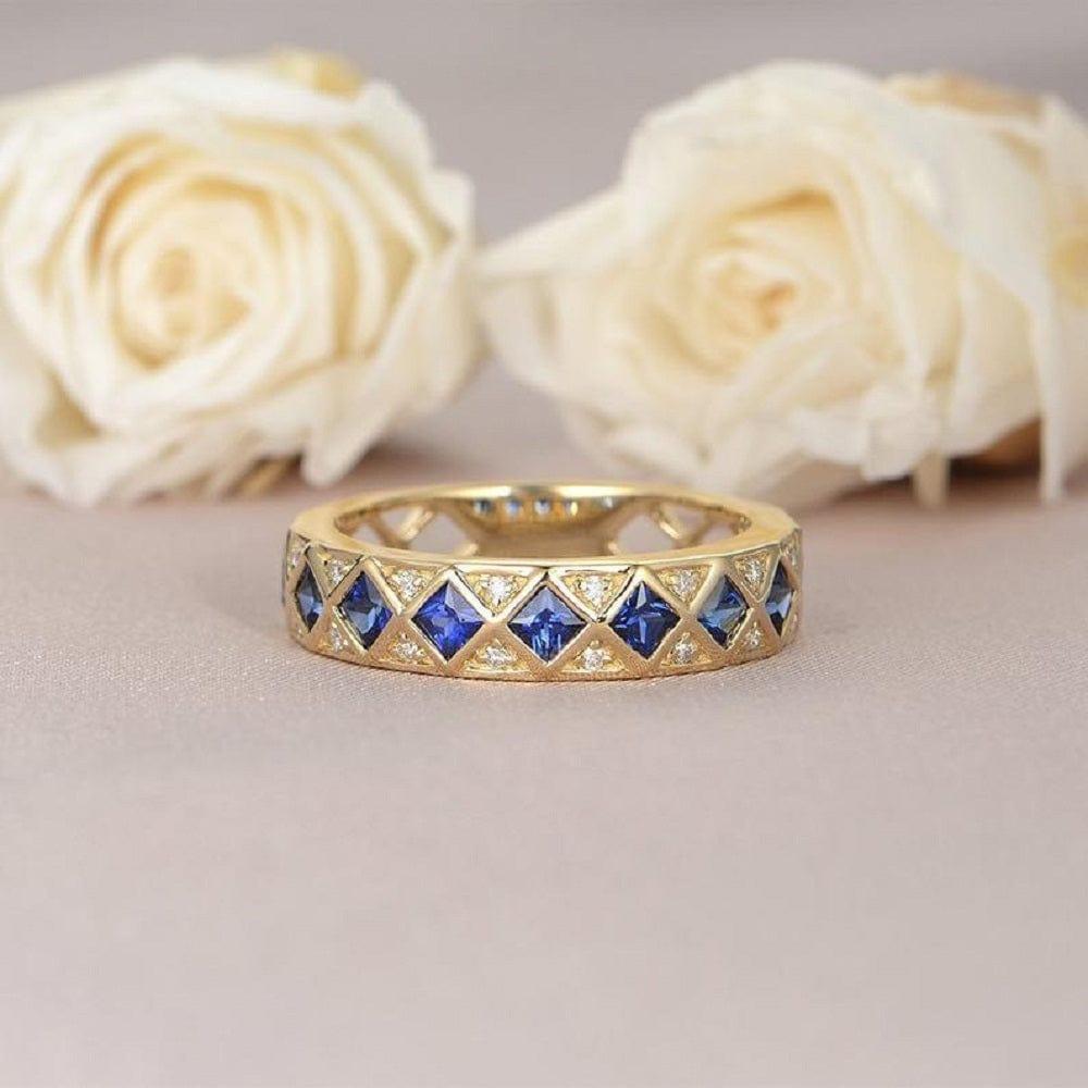 VINTAGE PRINCESS CUT SAPPHIRE DIAMOND WEDDING BAND