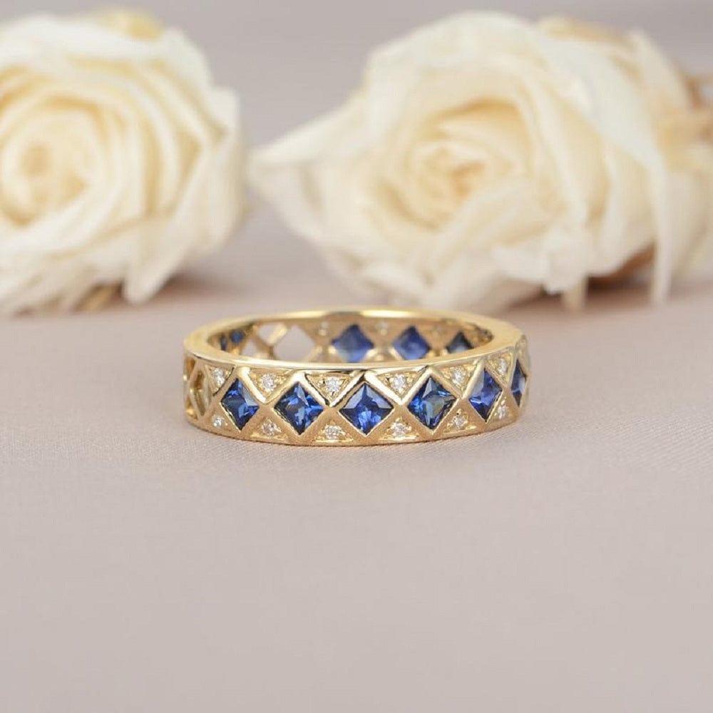 VINTAGE PRINCESS CUT SAPPHIRE DIAMOND WEDDING BAND