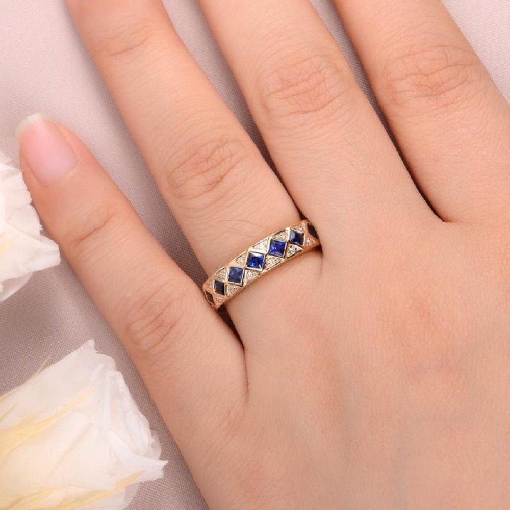 VINTAGE PRINCESS CUT SAPPHIRE DIAMOND WEDDING BAND