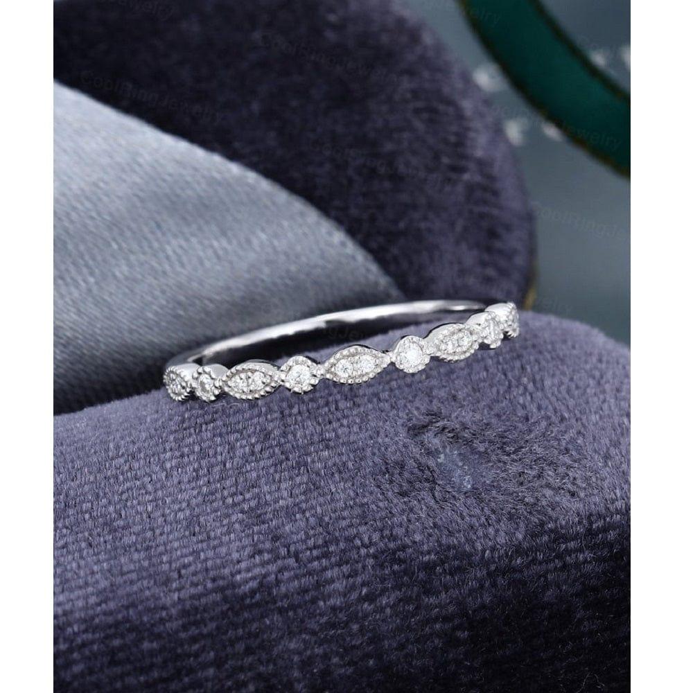 VINTAGE UNIQUE MILGRAIN WHITE GOLD STACKING MATCHING HALF ETERNITY MOISSANITE WEDDING BAND